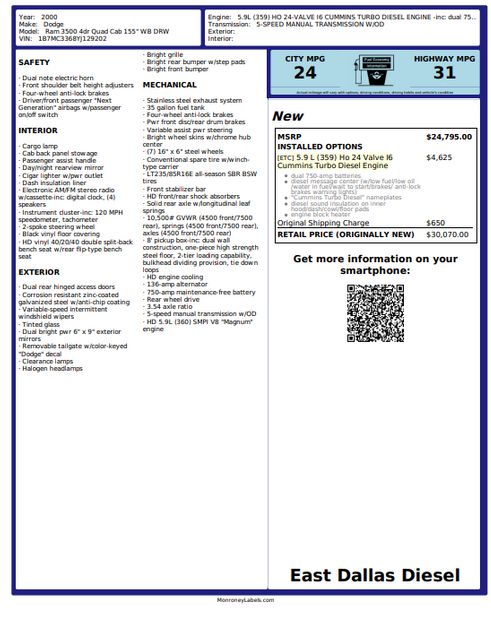 2000 Dodge Ram 3500 SLT 5.9L Cummins 6-SPD MANUAL 2 Owner Texas Truck | Dallas, TX | East Dallas Diesel