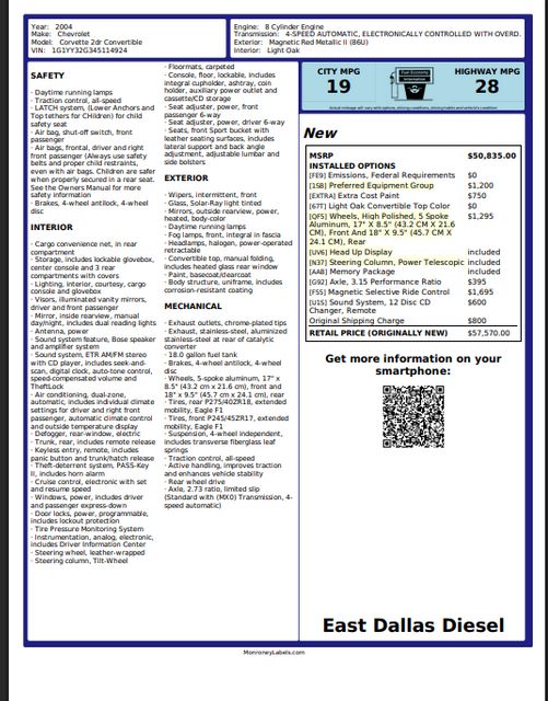 2004 Chevrolet Corvette Convertible MAGNETIC RIDE Preferred Pkg 3 OWNER TX | Dallas, TX | East Dallas Diesel 2004 Chevrolet Corvette Convertible MAGNETIC RIDE Preferred Pkg 3 OWNER TX | Dallas, TX | East Dallas Diesel