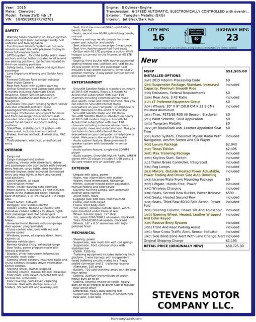 2015 Chevrolet Tahoe LT OneOwner LuxuryPkg TexasED. Nav | Dallas, TX | Stevens Motor Company LLC 2015 Chevrolet Tahoe LT OneOwner LuxuryPkg TexasED. Nav | Dallas, TX | Stevens Motor Company LLC