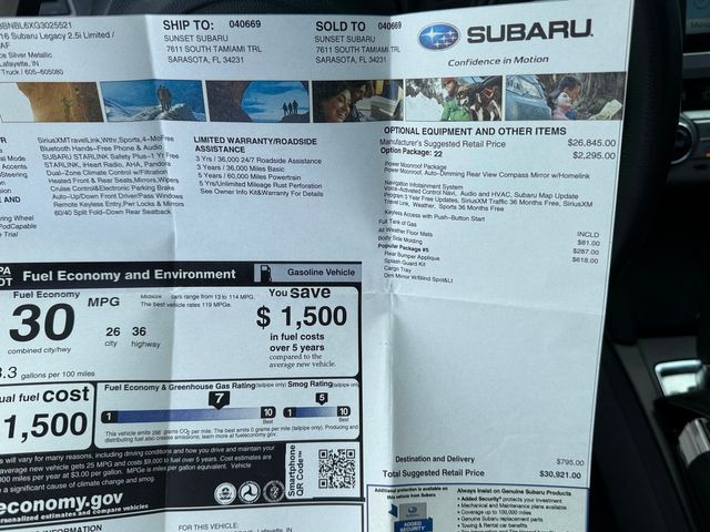 2016 Subaru Legacy LEGACY LIMITED LEATHER NAV HEATED SEATS AWD | Plant City, FL | psv5 DEMO - Bayshore Automotive