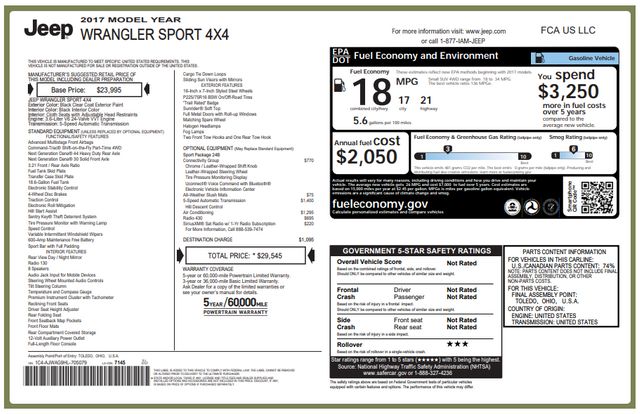 2017 Jeep Wrangler SPORT 4X4 3 MONTH/3,000 MILE NATIONAL POWERTRAIN WARRANTY