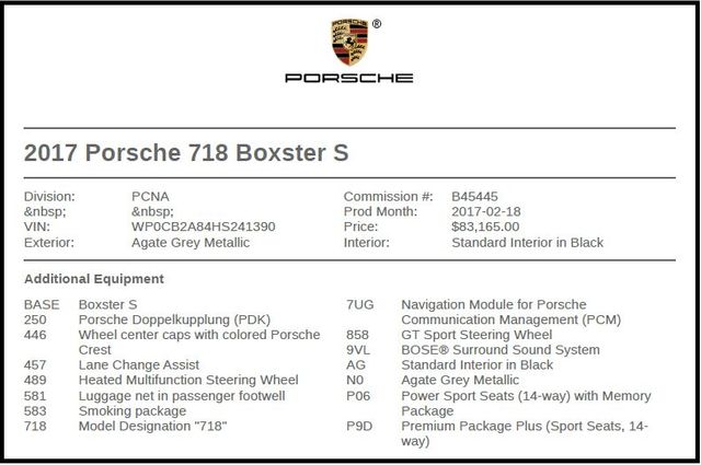 2017 Porsche 718 Boxster S 2017 Porsche 718 Boxster S