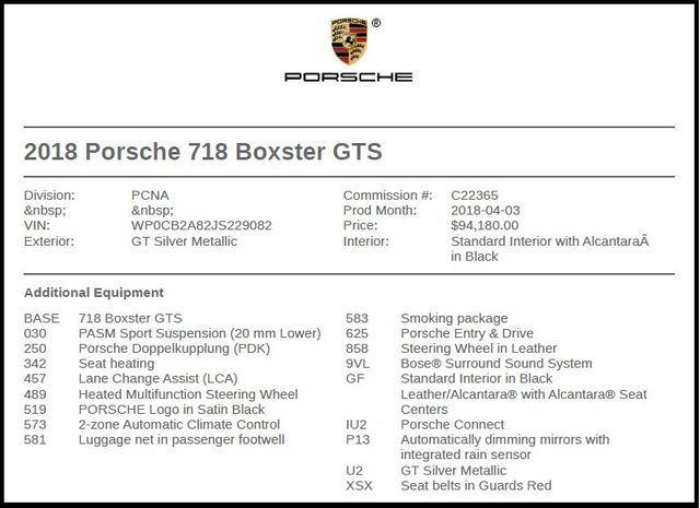 2018 Porsche 718 Boxster GTS 2018 Porsche 718 Boxster GTS