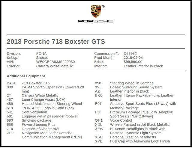 2018 Porsche 718 Boxster GTS 2018 Porsche 718 Boxster GTS