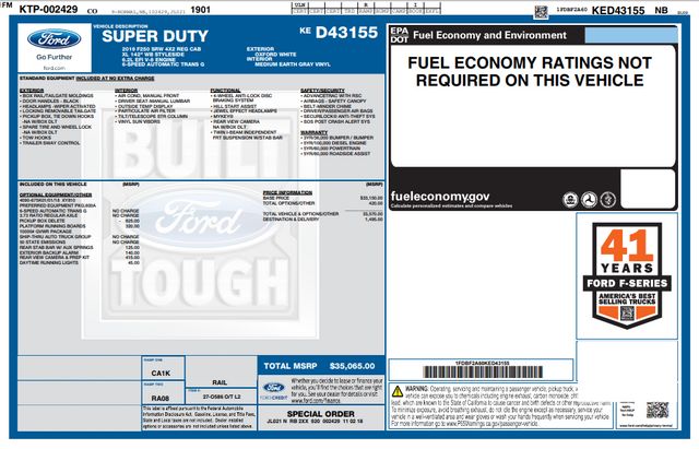 2019 Ford F-250 Super Duty XL ALUMINUM WORK BED 3 MONTH/3,000 MILE NATIONAL POWERTRAIN WARRANTY