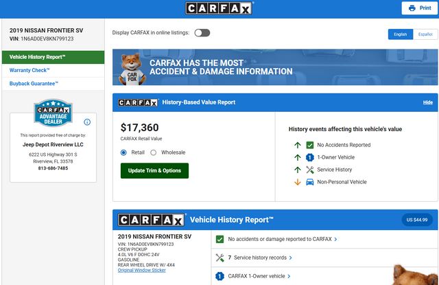 2019 Nissan Frontier SV 4x4 - 1-Owner