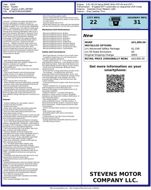 2019 Toyota Avalon Limited AdvancedSafetyPkg CustomAlloys | Dallas, TX | Stevens Motor Company LLC 2019 Toyota Avalon Limited AdvancedSafetyPkg CustomAlloys | Dallas, TX | Stevens Motor Company LLC