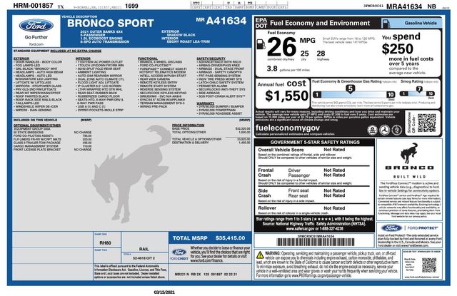 2021 Ford Bronco Sport Outer Banks TowPkg Co-Piolot360 Plus | Dallas, TX | Stevens Motor Company LLC 2021 Ford Bronco Sport Outer Banks TowPkg Co-Piolot360 Plus | Dallas, TX | Stevens Motor Company LLC