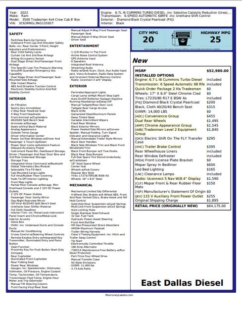 2022 Ram 3500 Tradesman NAV Chrome Pkg. 17" ALCOA 1 Owner TX | Dallas, TX | East Dallas Diesel 2022 Ram 3500 Tradesman NAV Chrome Pkg. 17" ALCOA 1 Owner TX | Dallas, TX | East Dallas Diesel