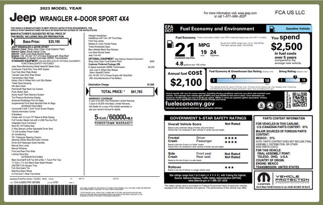 2023 Jeep Wrangler SPORT 4X4 5 YREAR/60,000 MILE FACTORY POWERTRAIN WARRANTY